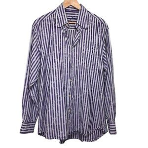 Tommy Bahama Cotton Silk Blend Purple White Palm Embroidered Button Up Shirt L